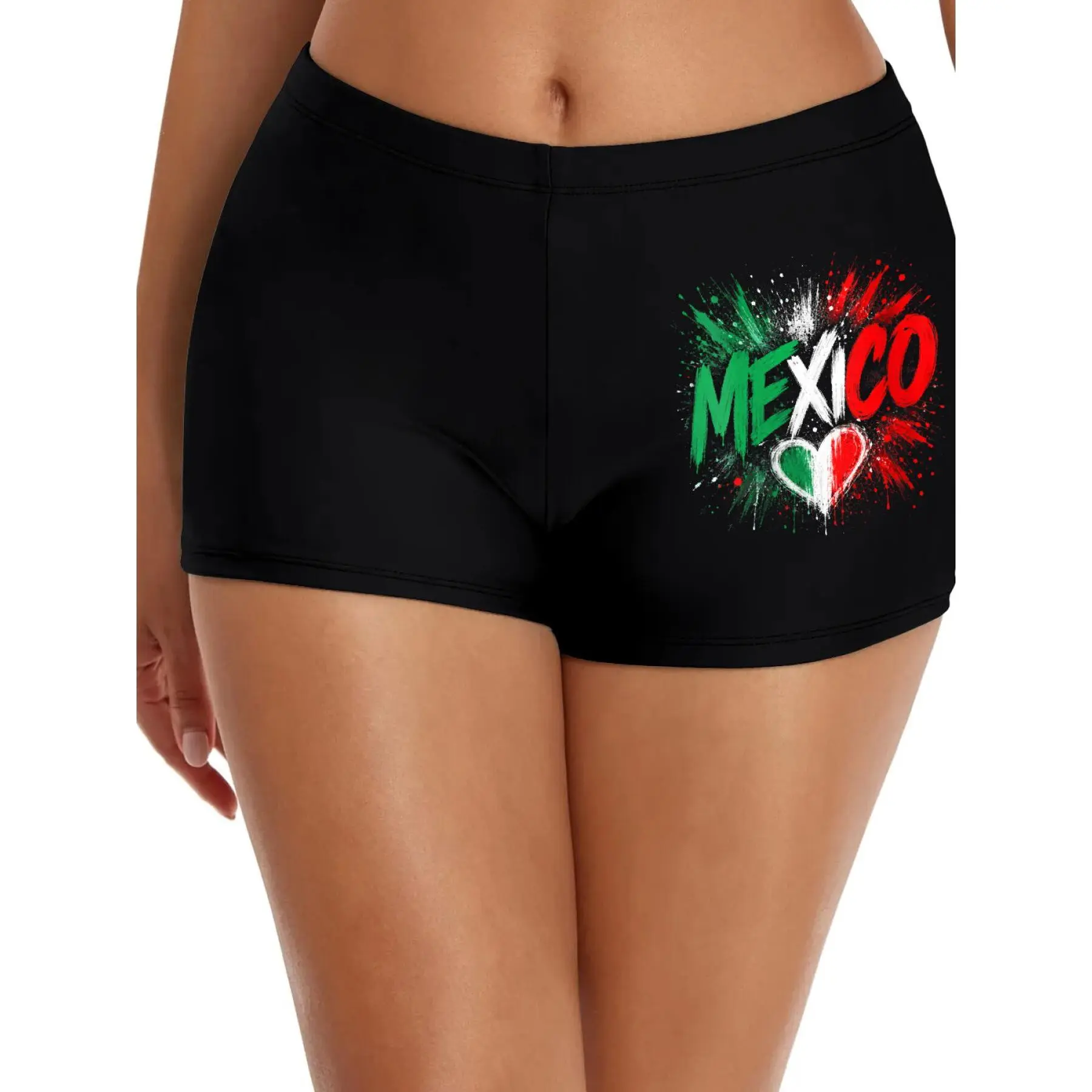 Women's High-Stretch Breathable Solid Color Swim Shorts - Women's Mexico Flag Heart Mexican Pride Fiesta Print Beachwear for Poolside & Summer Outings