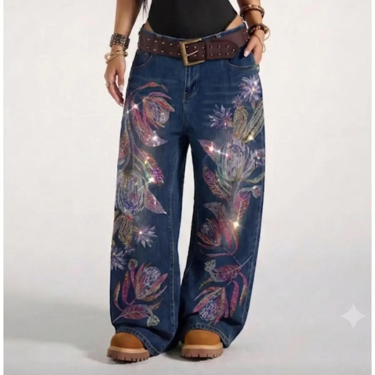 TCH-K | BLING BLOOM Ultra-Fairy Y3K Floral Wide-Leg Denim | Viral #Coquette Glitz Jns