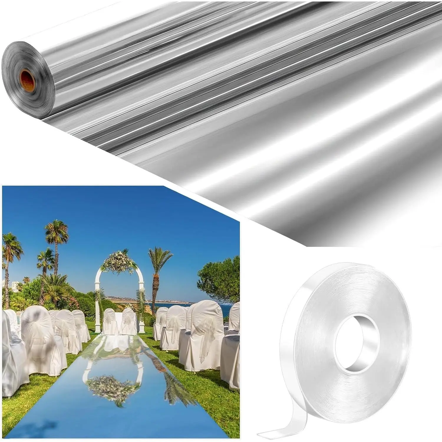 3.3 x 98.4 ft Mirror Rug Aisle Runner for Wedding Ceremony Double Sided Reflective Carpet Aisle Runner Walkway Rug Roll for Outdoor Birthday Graduation Party Decor(Silver)