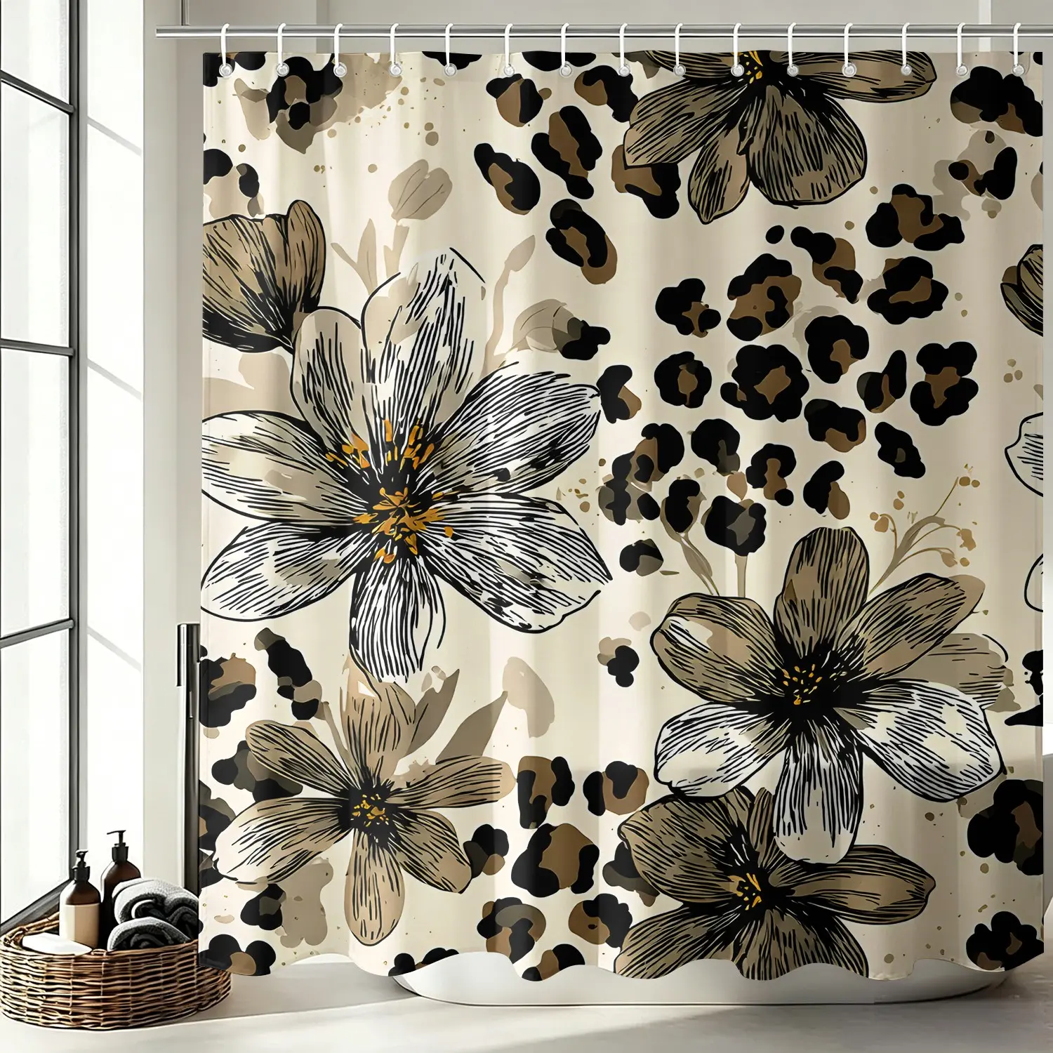 72x72 In Waterproof Washable Polyester Shower Curtain, Cream Background with Exotic Floral-Leopard Print, Intricate Line Art, Flowers-Infused Vintage Animal Print Bathroom Home Decor Accessory