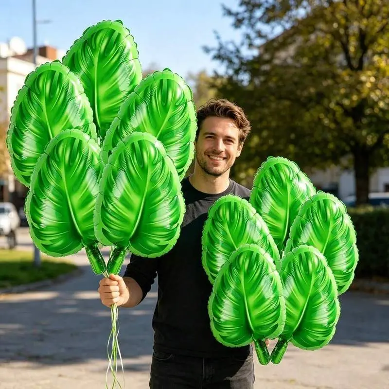 10pcs Green Monstera Leaf Foil Balloons, Suitable For Tropical Style Party Decoration, Plant Theme Photo Props