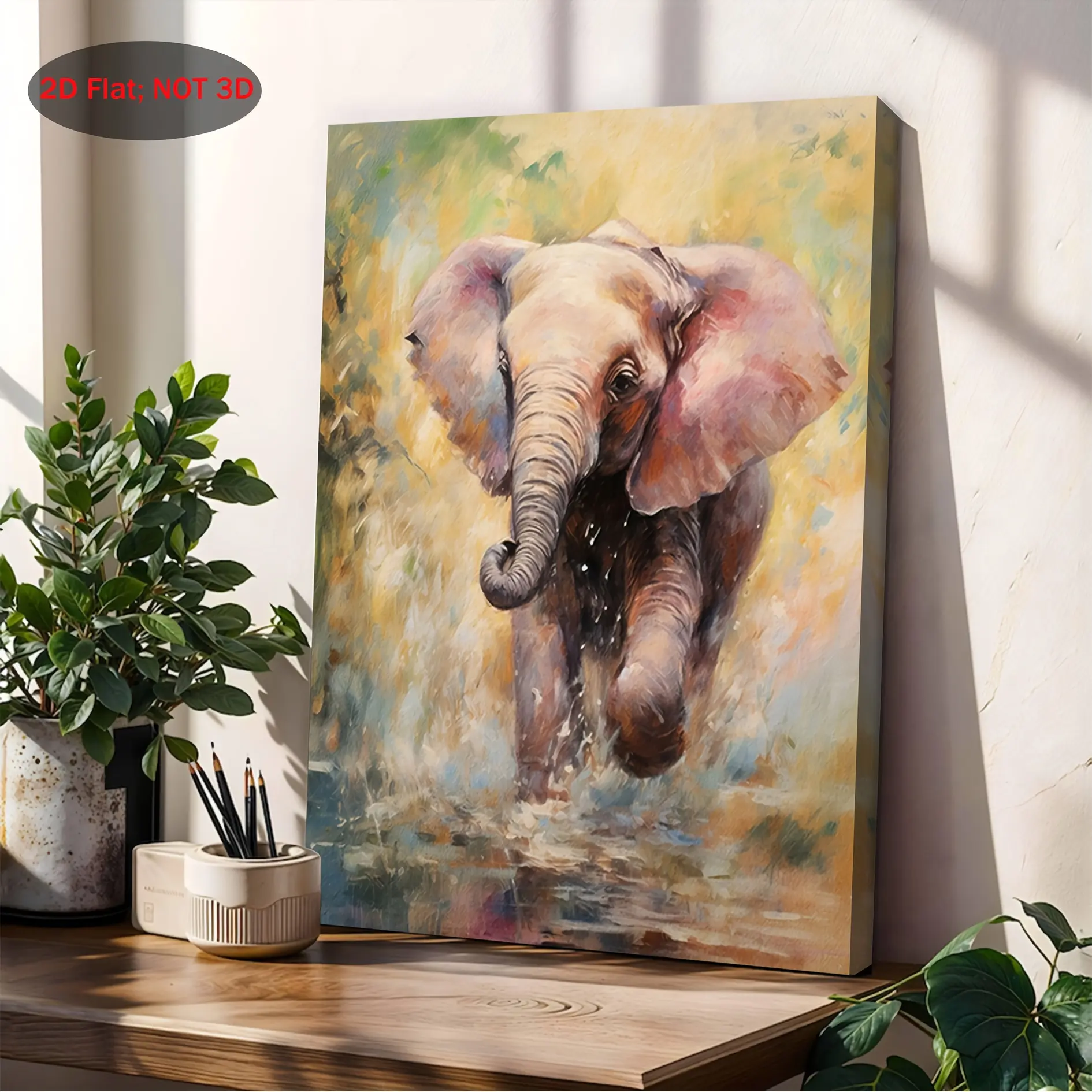 2D Flat Canvas, 1 Piece Vintage Elephant Painting - Pastel children's room wall decor in soft pink, green, gold, brown, and beige tones - Framed canvas art for children's bedroom, living room, bathroom - Housewarming or birthday gift - Easy-to-hang interi