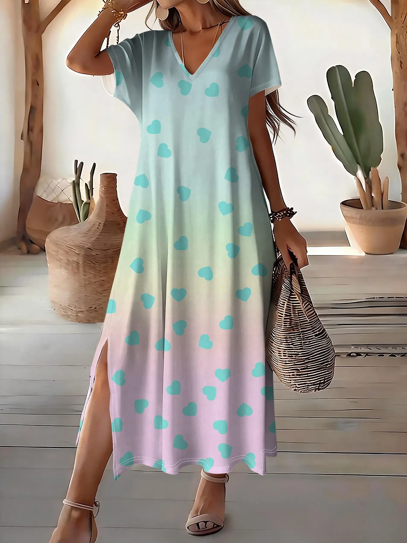 Women’s Ombre Heart Print Maxi Dress, V-Neck Short Sleeve Loose A-Line, Side Split Long Dress, Casual Summer Beach Sundress, 2 Colors