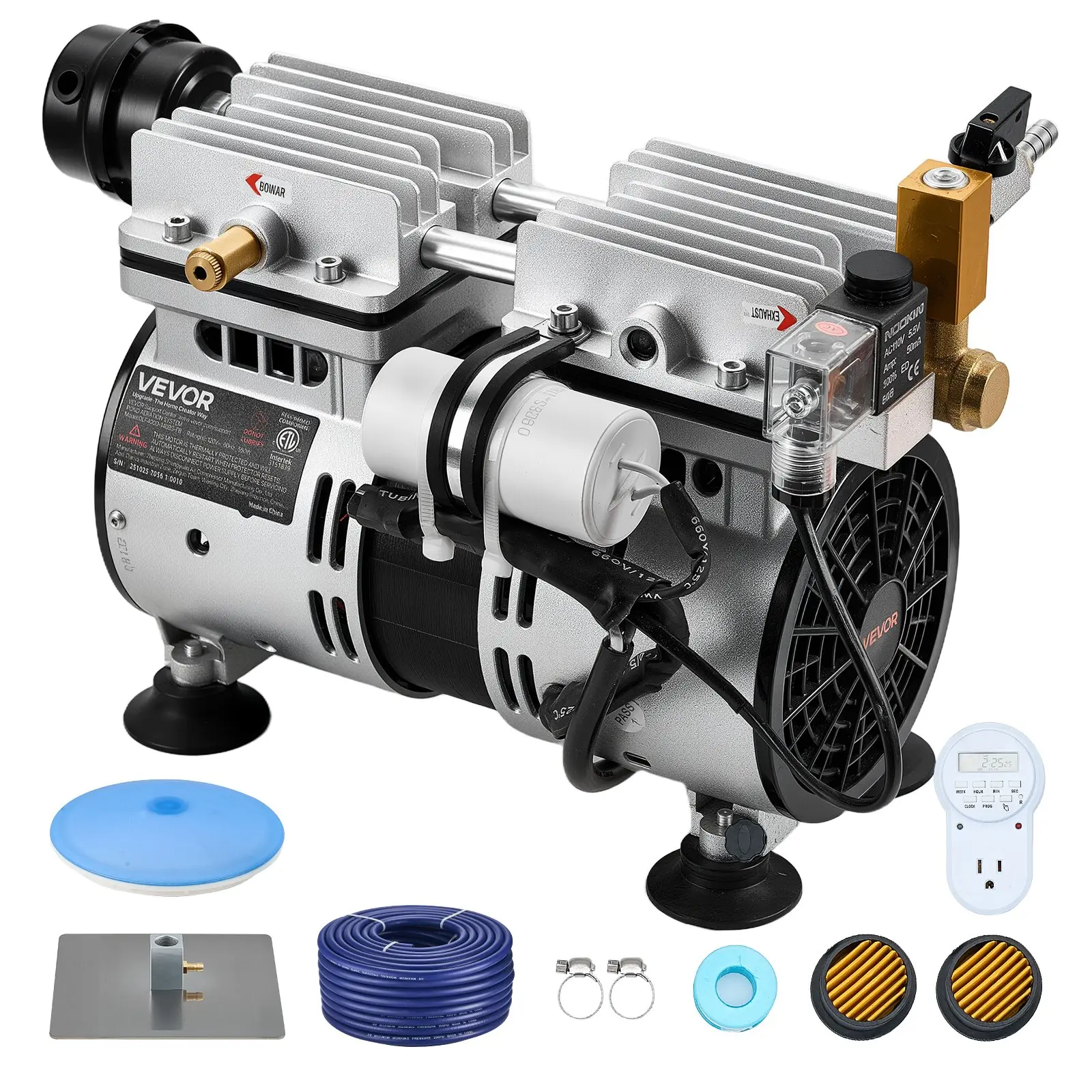 【DealsForYouDays】VEVOR Outdoor Pond Aerator Complete Kit, 3/4 HP Aluminum Shell Air Compressor, 5.2CFM Aeration System, 1 Diffuser, 100' Self-Sinking Tube, Flow Control Valve, for 3-Acre Lakes & Deep Water Oxygen Boost, Prevents Sludge & Kills