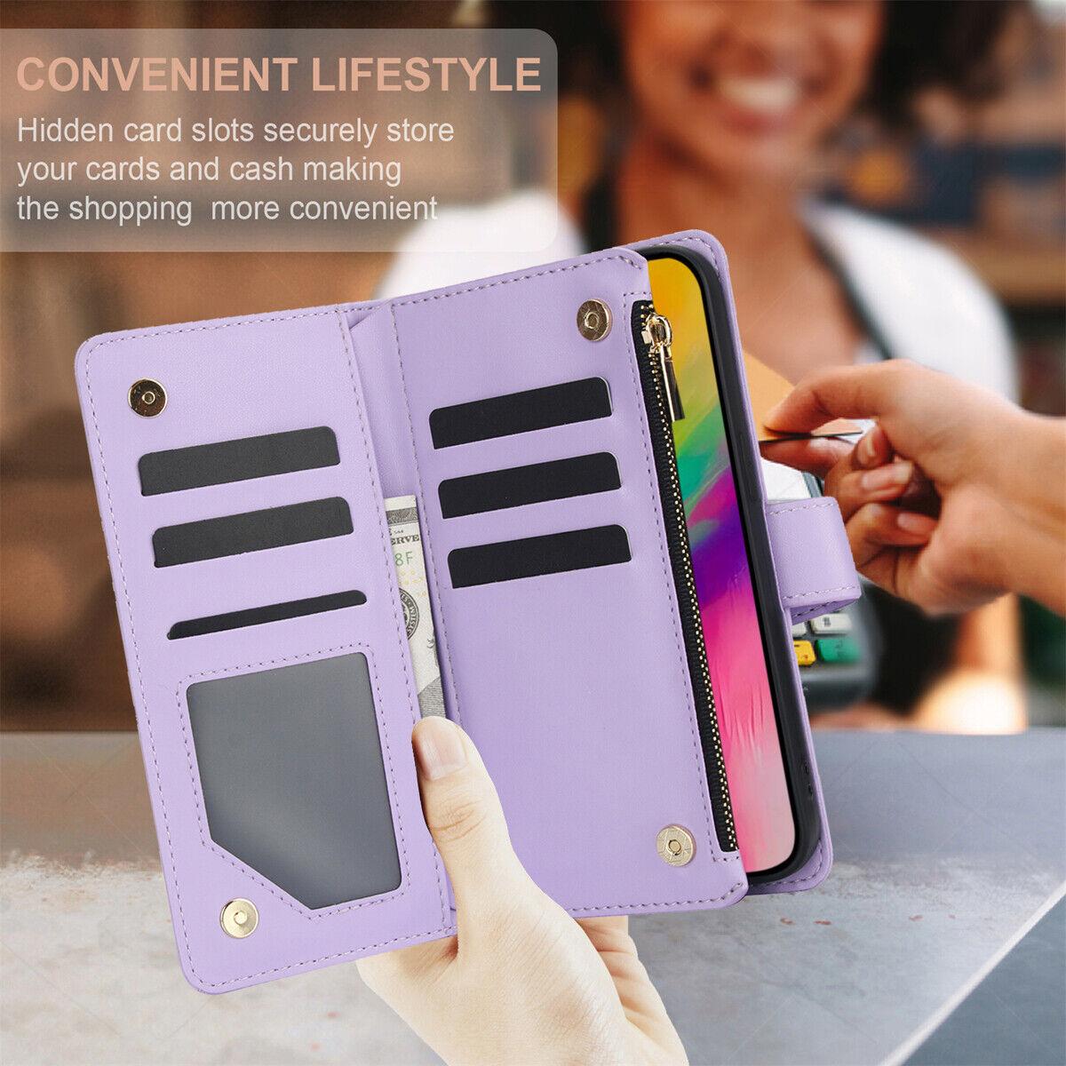 HISTORYOO For iPhone 17 Pro Max 16 15 Plus 14 13 12 Pro Wallet Case Crossbody PU Leather Cash Slot Zipper Purse with Credit Card Slot Holder Carrying Handbag Stand Phone CaseAdjustable Lanyard Detachable Strap Wrist for Women Ladies