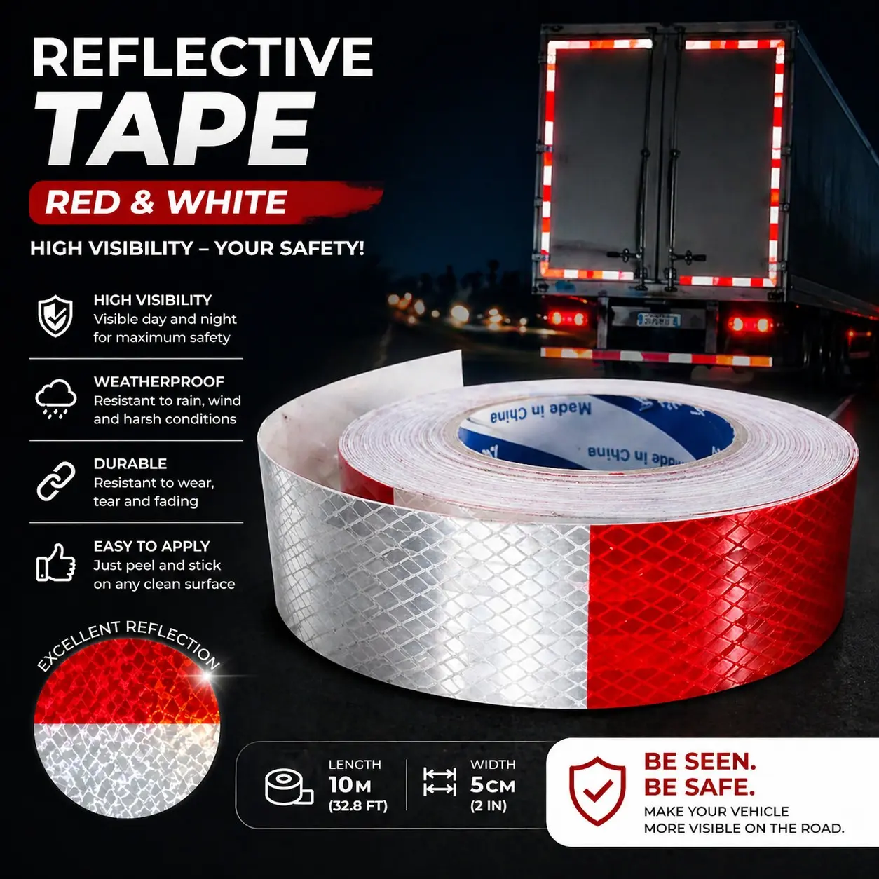 Reflective Tape 2 Inch X 100 Feet, Waterproof Adhesive, and Design, Automotive Car Accessories for Trailers, Trucks, Boats, Signs, Safety Markers