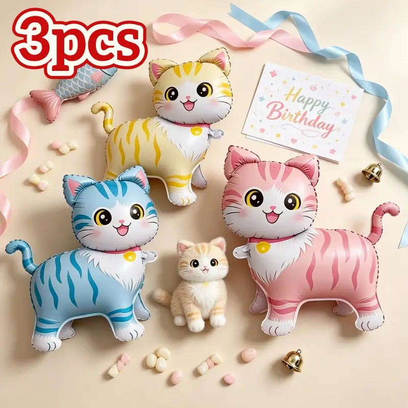 3pcs Cartoon Standing Cat Balloons, Round Eyes Cute Smile, Bell Collar, Macaron Colors, Pet Party Decor, Durable Indoor Balloons