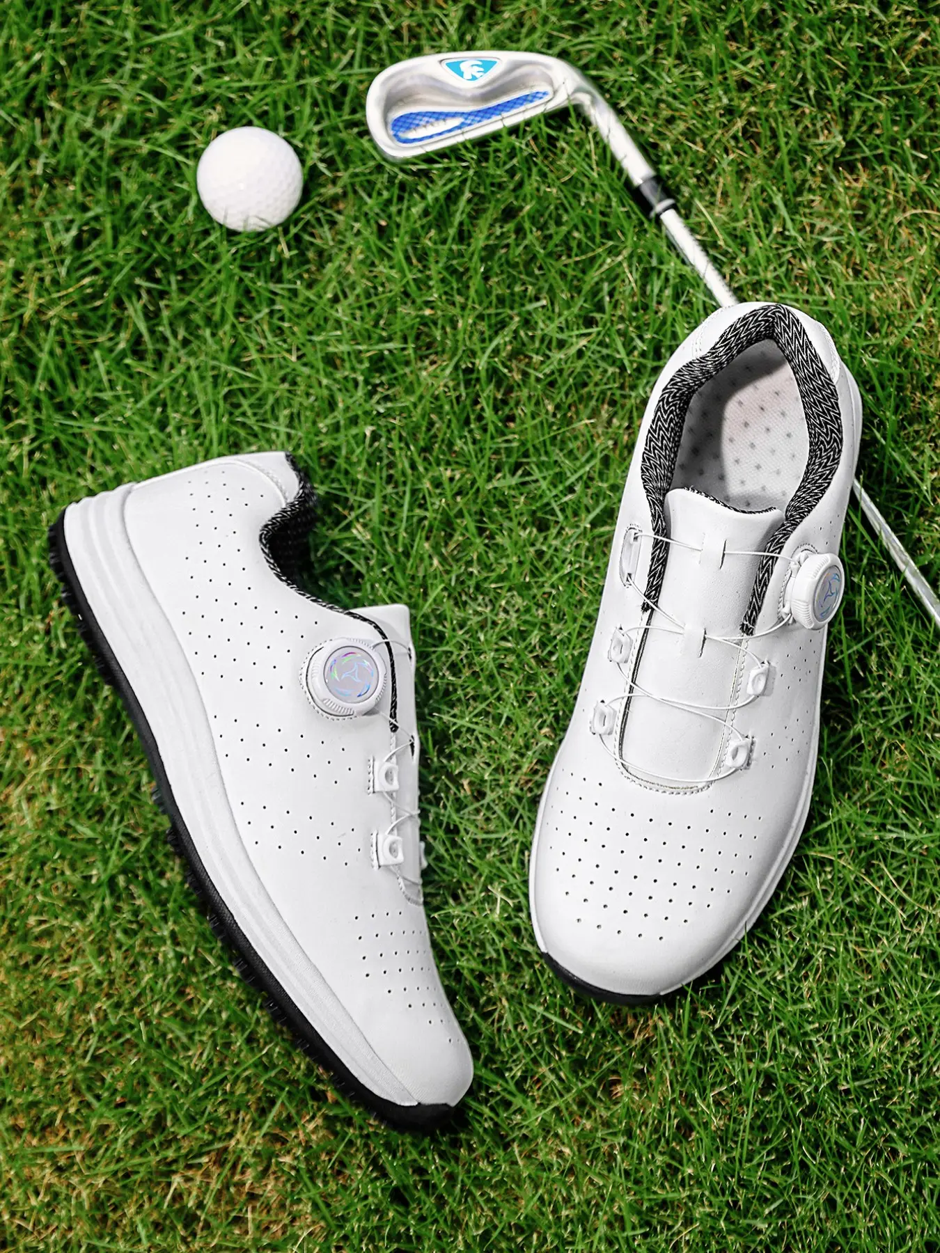 Men's Spikeless Golf Shoes with Quick-Release Rotary Buckle, Breathable Perforated PU Leather Upper, Lightweight Construction, Anti-Slip Traction Outsole, Water Resistant, Shock Absorbing Cushion, Sporty Versatile Style, Ideal All-Season Footwear for Golf