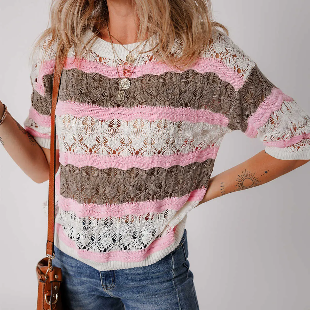 Women's Hollow Out Crochet Sweater - Boho Striped Color Block Knit Top