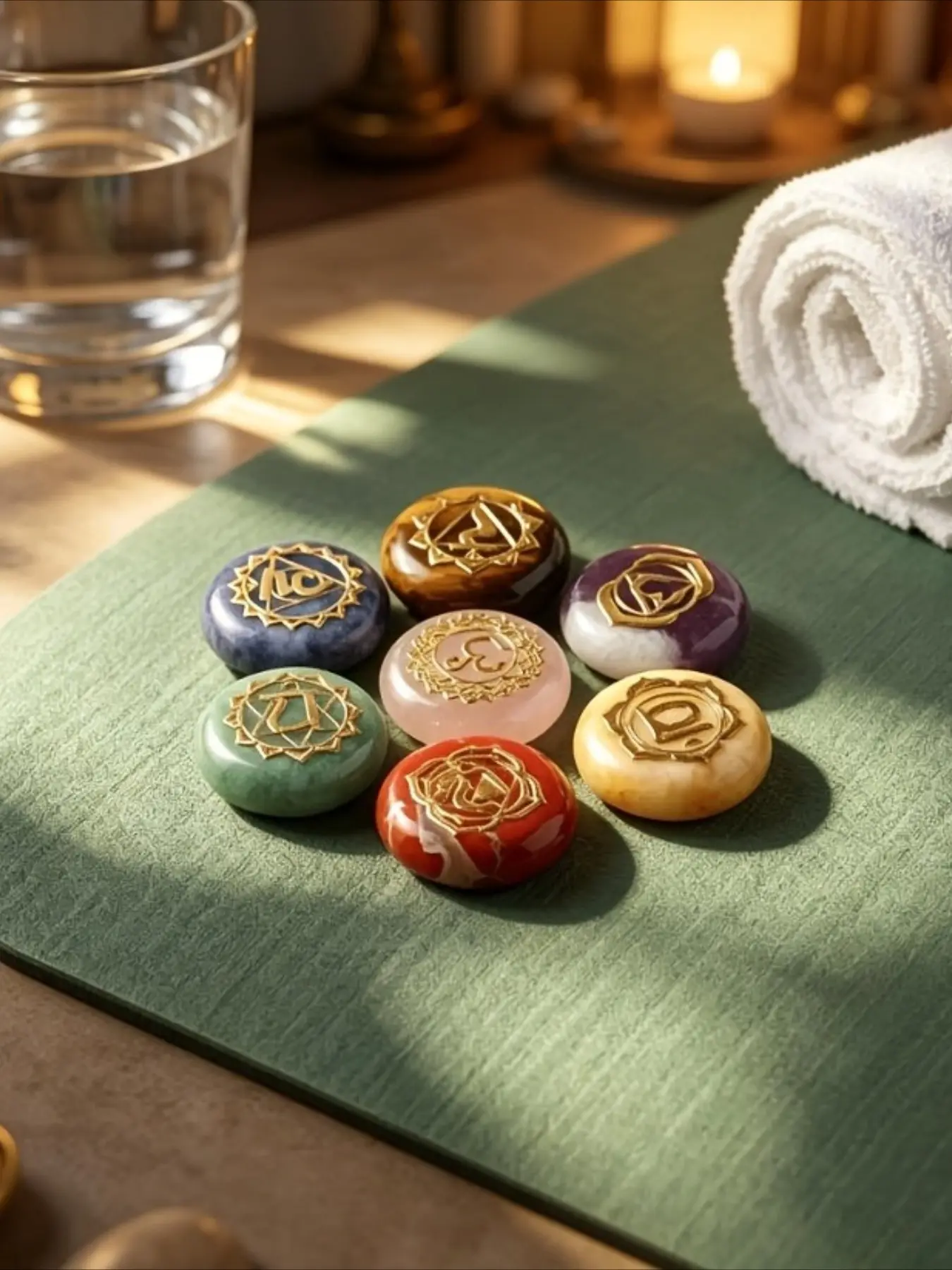 7-piece Carved Chakra Stone Set with Natural Rose Quartz, Amethyst and Lapis Lazuli, ideal for yoga practitioners, meditation enthusiasts, home decor collectors and gift buyers seeking physical and mental balance