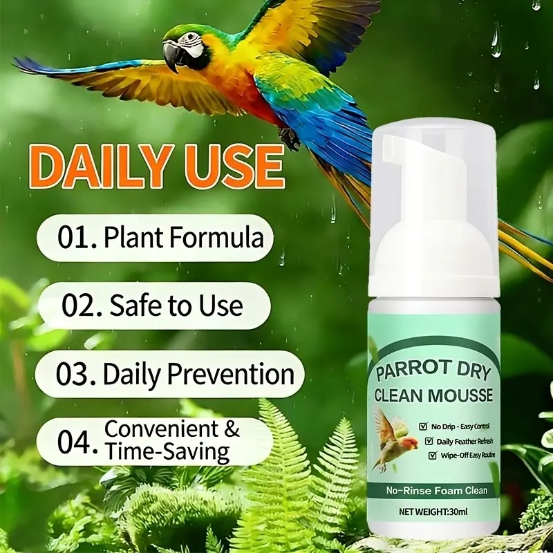 Parrot feather cleaning foam Mu Si-wash-free dry cleaning, instant cleaning of dirty chest and feather tip, thick foam lasting adhesion, less splash, more worry-free, towel cleaning, daily bird care.
