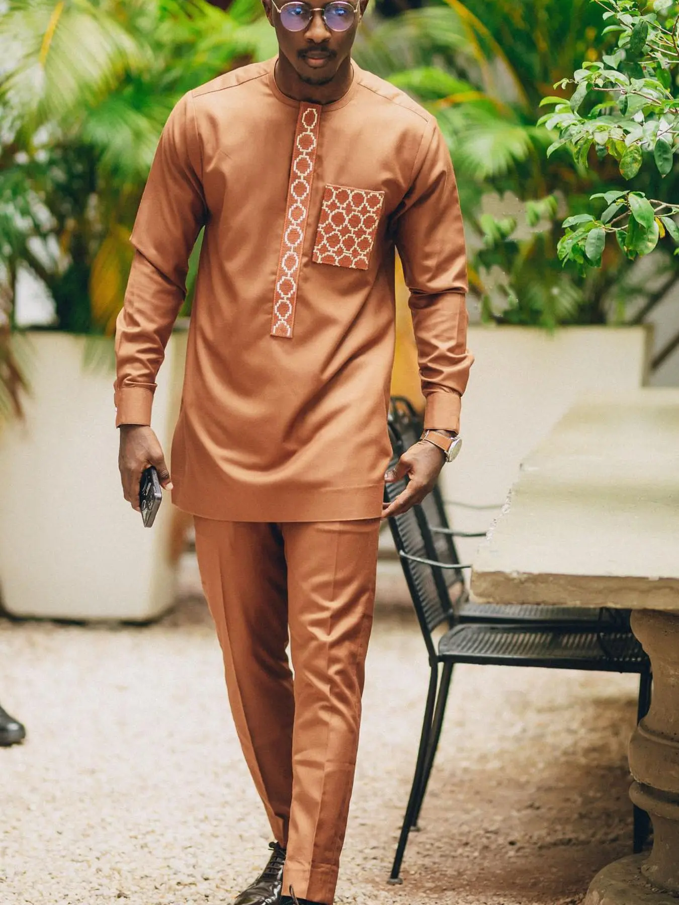 Traditional Muslim African Style Men's Wedding Suit Set, Round Neck Long Sleeve Top and Pants, 2 Piece Set, Formal Wear, Classic