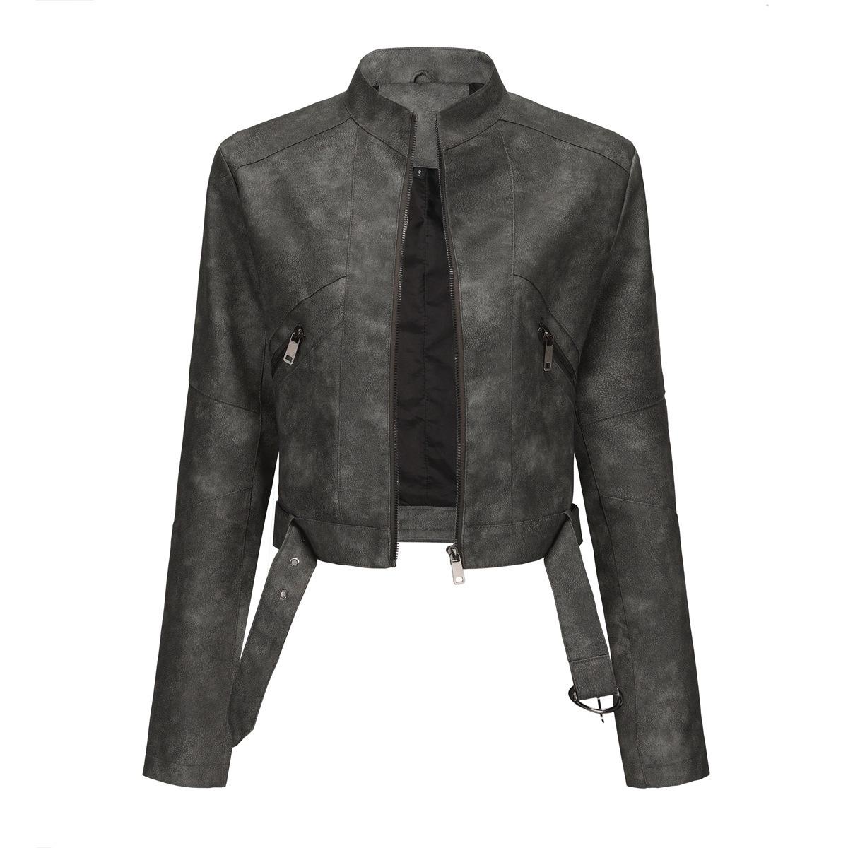 Women's BIGWIG Leather Motorcycle Coat - Long-Sleeve Outerwear, Short-Style Womenswear Top, Zipper Closure, Casual Slim Fit, Pockets, Belt, Suitable for Spring & Autumn