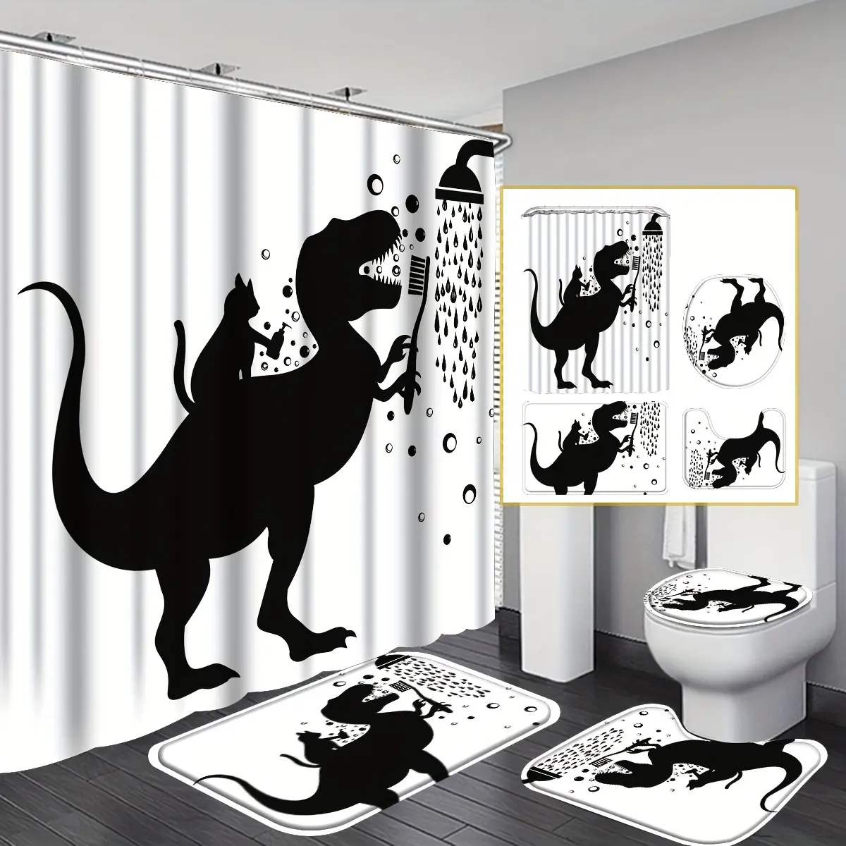 4-Piece Fun Dinosaur Shower Curtain Set with non-slip floor mats, toilet covers, and U-shaped rugs to add fun and style to your bathroom. Home Decoration Bathroom Accessories