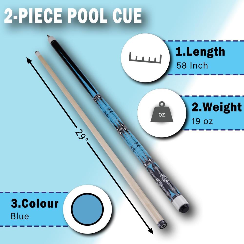 58 In Maple Wood Billiard Pool Cue Stick, 13mm Leather Tip, 19-20 oz, 2-Piece Set 1/2 Split Easy Assembly Design, for House and Bar Use, Two Piece Set
