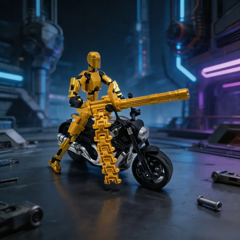 T13 Multi-Jointed Action Figure, Motorcycle & Doll Set, Assembled Robot with Gatling Gun, Model Collectible, Desk Decor, Gift for Gamers