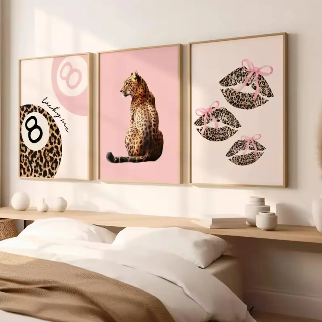 Three-Piece Frameless Leopard Bow Lucky 8 Ball Fashion Art Poster, Girls' Room Dopaamine Decor, Above Bed Wall Decor, Indoor Canvas Wall Hanging