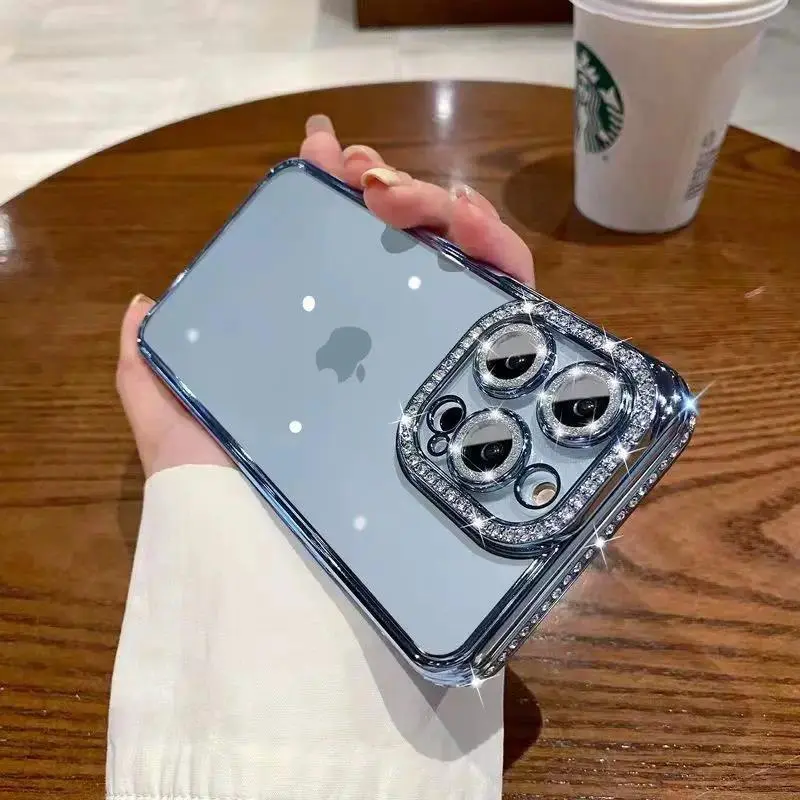 Transparent Shiny Phone Case with Side Imitation Diamond Setting for Various Models (iPhone 17 Pro Max, Air, 16, 15 Plus, 14, 13, 12), Multiple Colors Available, HY02