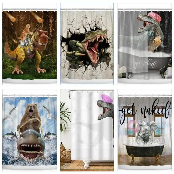 Cute Dinosaur Funny Animal Shower Curtains Bathroom Bathtub Decoration Waterproof Polyester Bath Curtain Home Decor with Hooks