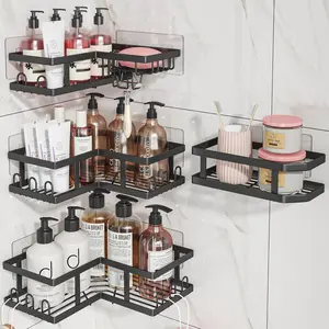 Shower Caddy Corner with Soap Holder, No Drilling Shower Shelves-Rustproof, Adhesive Shower Organizer Corner for Dorm. Black, 4-Pack