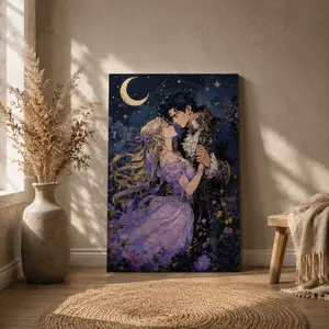 Celestial Lovers Under Moonlight Vertical Canvas Wall Art, Whimsical Fantasy Poster, Home Decor for Living Room Bedroom Entryway, Available as Unframed Canvas Poster or Framed Canvas Wrap