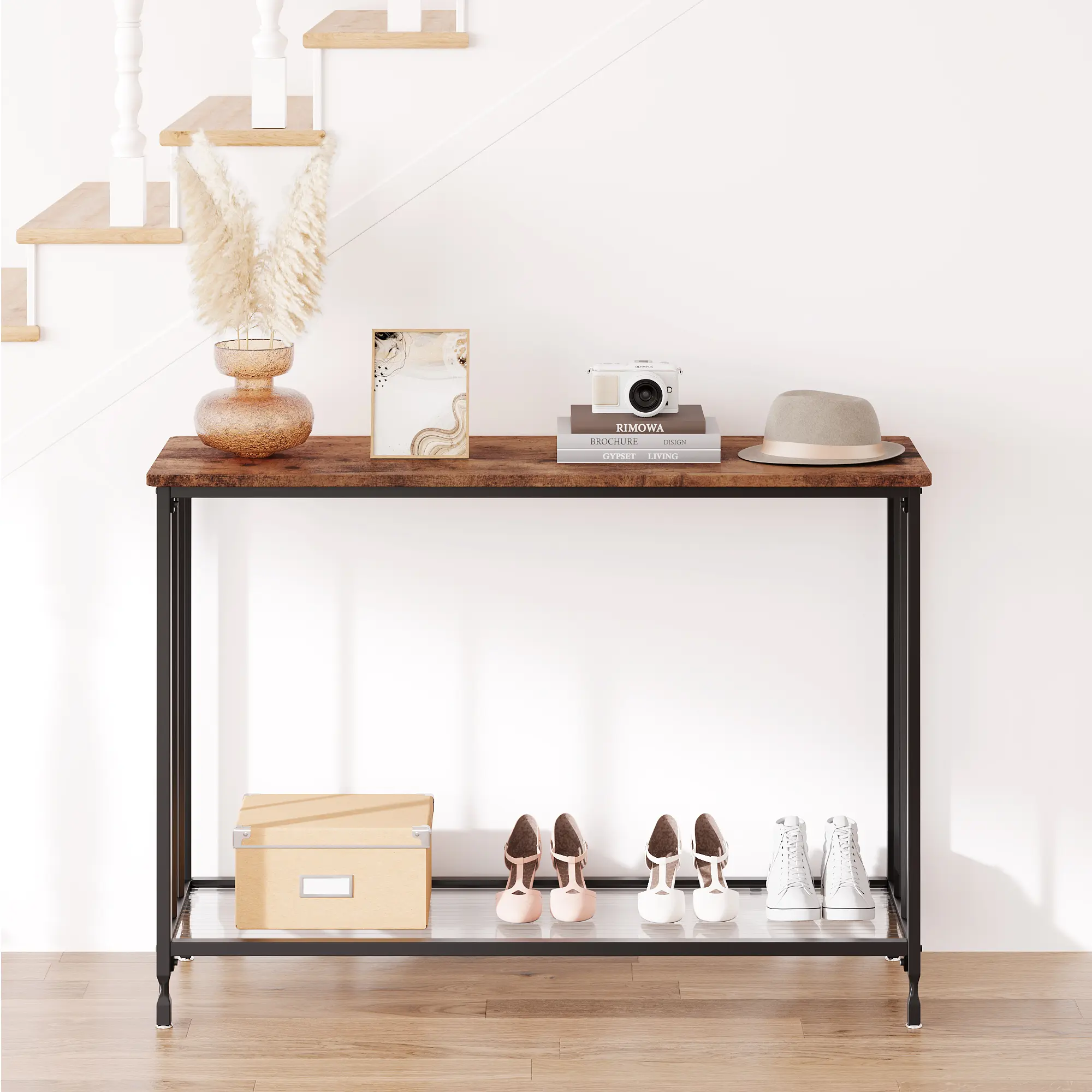 Small Entryway Table with Glass Shelf and Metal Frame, Narrow Console Table