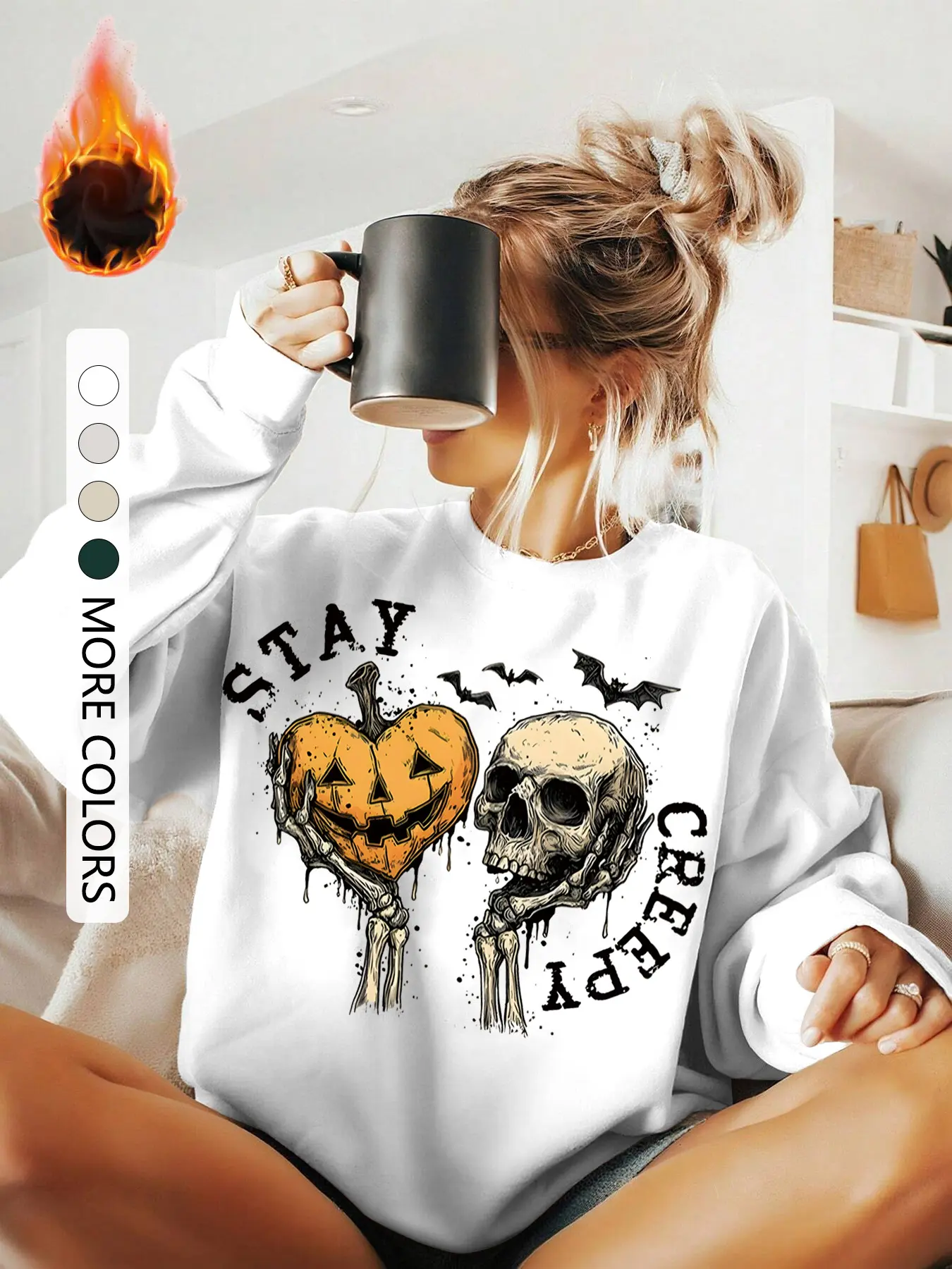 Halloween Women's Pullover Sweater, Skull Pumpkin Bat Print, Drawstring Drop Shoulder Design, Casual Loose Fit, Perfect Spring & Fall Layering, Sweatshirts