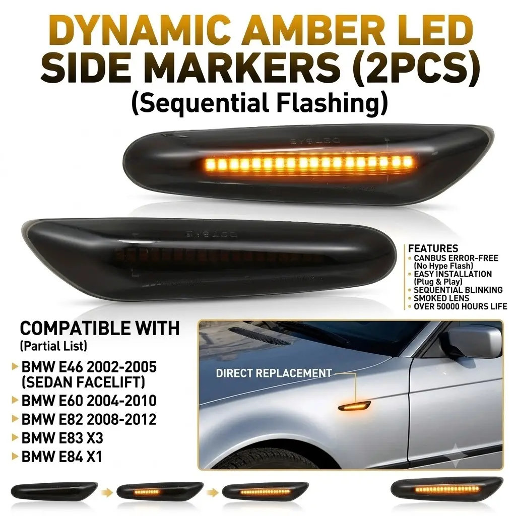 Dynamic Amber LED Side Marker Turn Signal Lights for BMW E46 E90 E60 E82 E87 E92 X3 X1, Smoked Lens Sequential Blinking Fender Indicator Lamps, Error-Free Plug & Play Replacement, 1 Pair, Car Lights, Car Lighting, LED Turn Signals