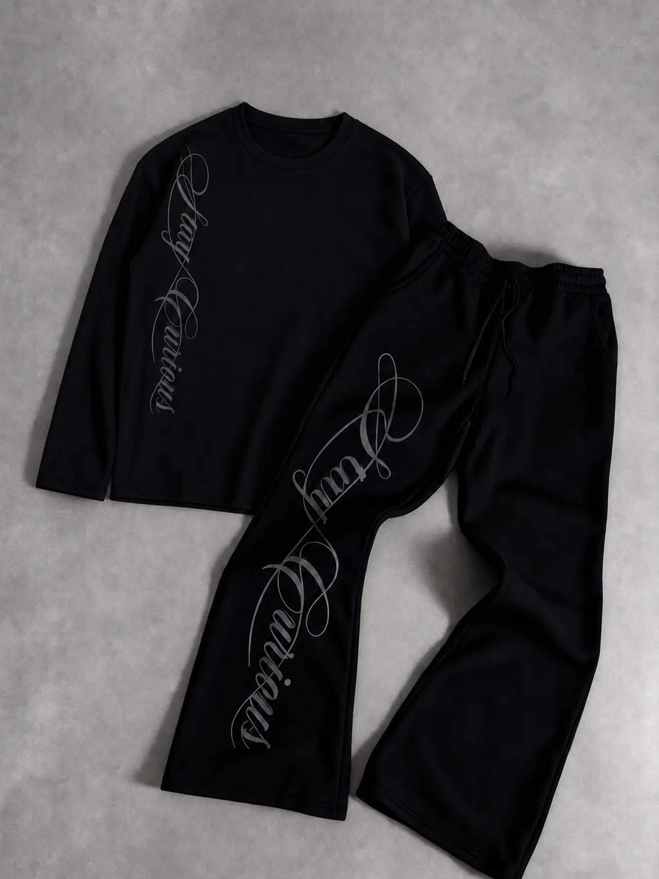 Cursive Letter Print Two Piece Tracksuit, Men Long Sleeve Shirt & Flared Sweatpants Set, Stay Curious Graphic Casual Street Outfit For Daily Wear#TwoPieceOutfit#MensTracksuit#LetterPrintOutfit#DailyWear#MenStreetFashion#SweatpantsSet