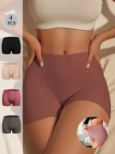 4Pcs Women's Boyshorts Casual Silky Ice Silk High Stretch Comfortable And Breathable Seamless Safety Pants Seamless Comfortable Underwear Silky Smooth Feel  Mid Rise No Roll Brief