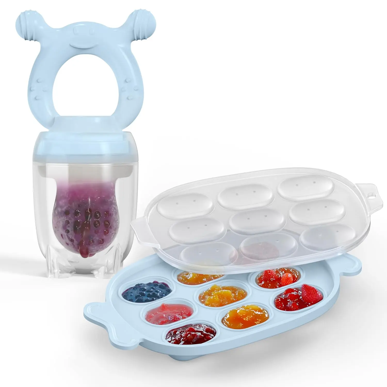 Silicone Baby Fruit Feeder with Freezer Nibble Tray Combo, Baby Teethers, Breastmilk Popsicle Molds  Teething Relief, BPA Free Fresh Food Feeder  Safe Infant Self Feeding (Sky Blue) New model