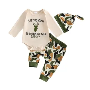 Infant Baby Boys Pants Set Long Sleeve Letters Print Romper with Camouflage Sweatpants and Hat Fall Outfit 0-18 Months
