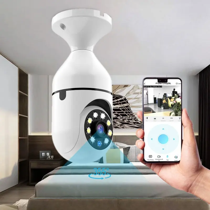 Indoor Home Security Light Bulb Camera, 2.4G Wireless WiFi, 360° Panoramic View, Full Color Night Vision, Human Detection, Two-Way Audio, E27 Screw-in Design for Living Room Use, Smart Security Cameras