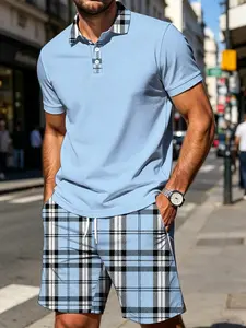Summer Men's Plaid Checked Patchwork Set, Plaid Collar Polo Shirt + Plaid Shorts, Casual Two-Piece, Pocket, Drawstring Waist, Gift Idea