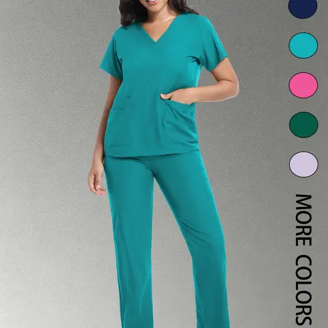 Unisex Summer Breathable Workwear Set Uniforms, Quick-Dry V-Neck, Multiple Pockets, Loose Fit, Durable, Adjustable Waist, Ideal for Nurses, Dentists, Spa, Etc