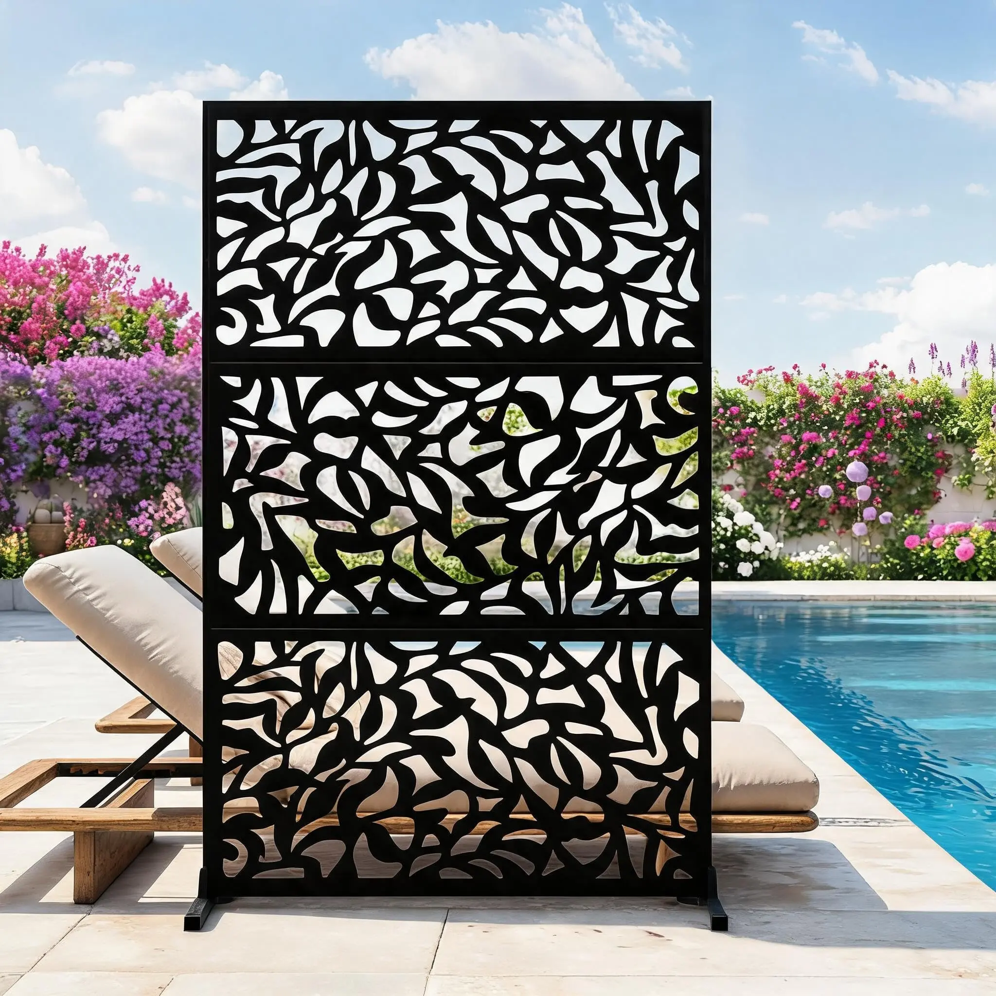 【GAOMON】72 in Metal Privacy Screen Panel, Freestanding Outdoor Fence for Patio, Rust-Proof Steel Room Divider, Laser-Cut Decorative, No-Drill Installation, Black