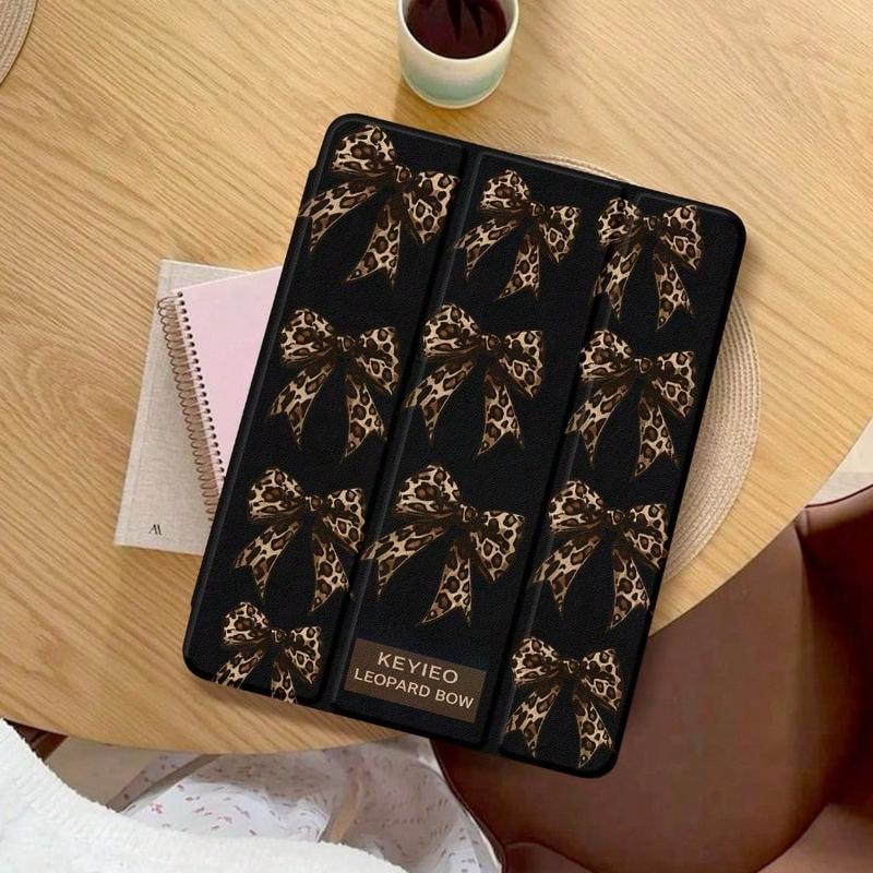 Leopard Print Bow-Tie Trifold iPad Case, Built-in Pencil Slot Auto Sleep/Wake, Anti-Slip Shockproof Durable Flip Stand, Multi-Option, Compatible with iPad 10th/11th Gen/10.2"/Pro 11" 2021/2020 & Galaxy Tab S9 FE+ 12.4", Unisex New Year Gift