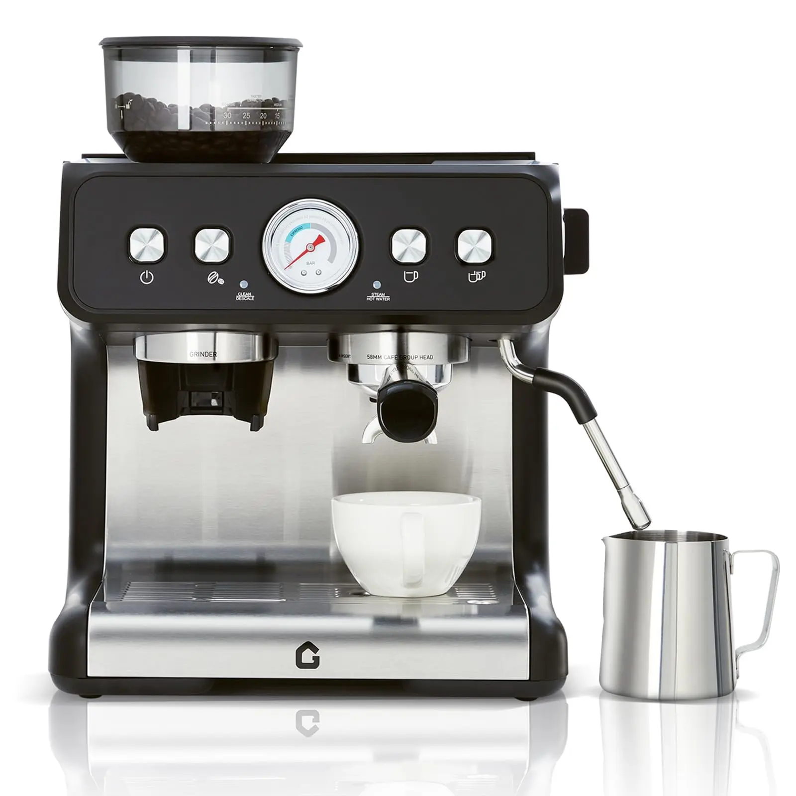 20Bar Pressure Stainless Steel Espresso Coffee Machine with Detachable Parts, 1350W Motor, 30 Grind Settings, 1.5L Water Tank, Milk Frother Steam Wand, Adjustable Shot Volume, ETL-Certified for Home Use