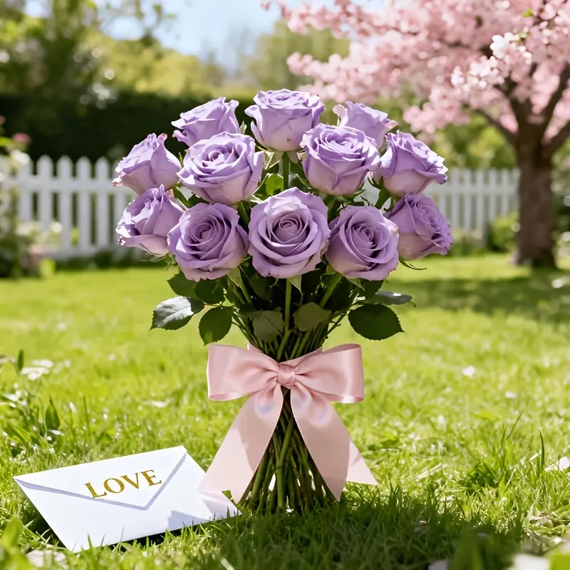Lifelike Purple Lilac Artificial Rose Bouquet with Green Leaves, Long Lasting Polyester Faux Roses, Maintenance-Free Elegant Floral Arrangement for Wedding, Home, Valentine's Day, Table Centerpieces, Event Decor