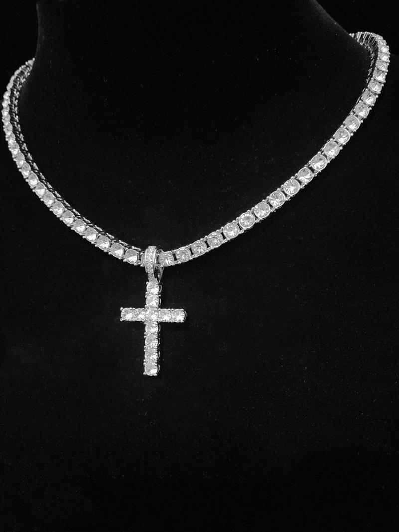 Unisex Easter Rhinestone Cross Pendant Necklace, Hip Hop Necklace, Fashion Elegant All-match Stainless Steel Jewelry Accessories, Bling Stylish Accessory, Exquisite Chain Jewelry
