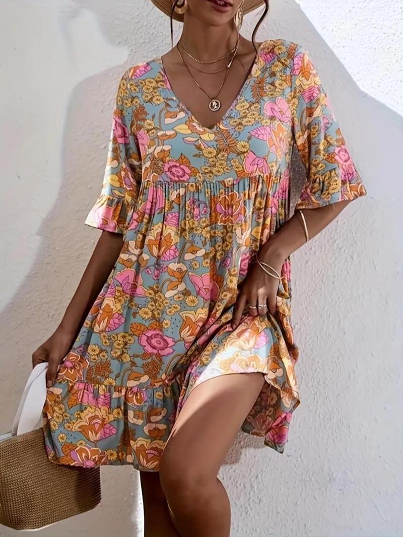 【Plus Size】Floral Print Dress, Casual Chic Dress for Daily Holiday Vacation Wear, Women's Clothes for Summer, Boho Style Womenswear