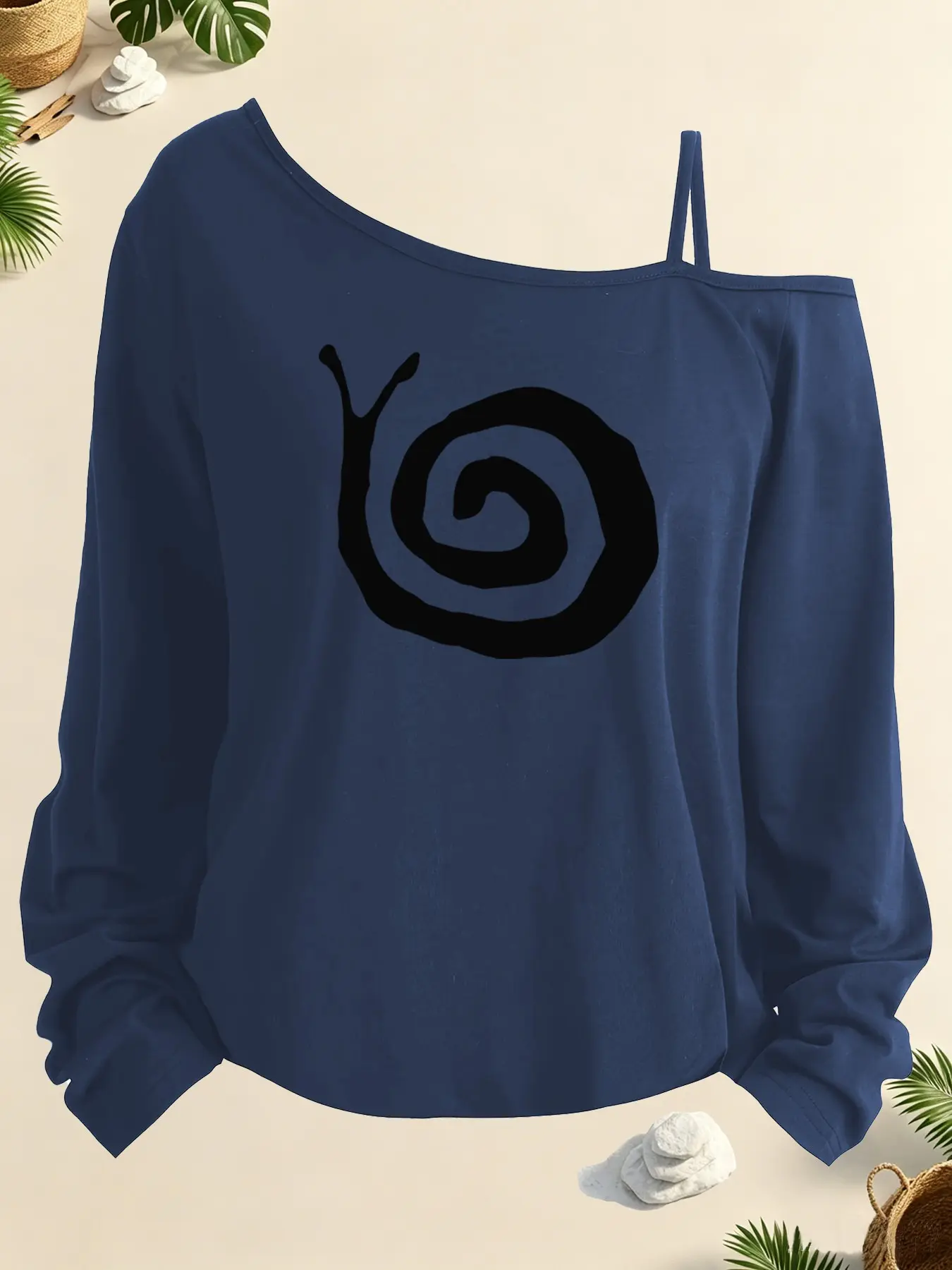 Vintage Simple Line Snail Print Asymmetrical Shoulder Long Sleeve T-Shirt, Sexy Off-Shoulder Detail, Casual All-Season Wear