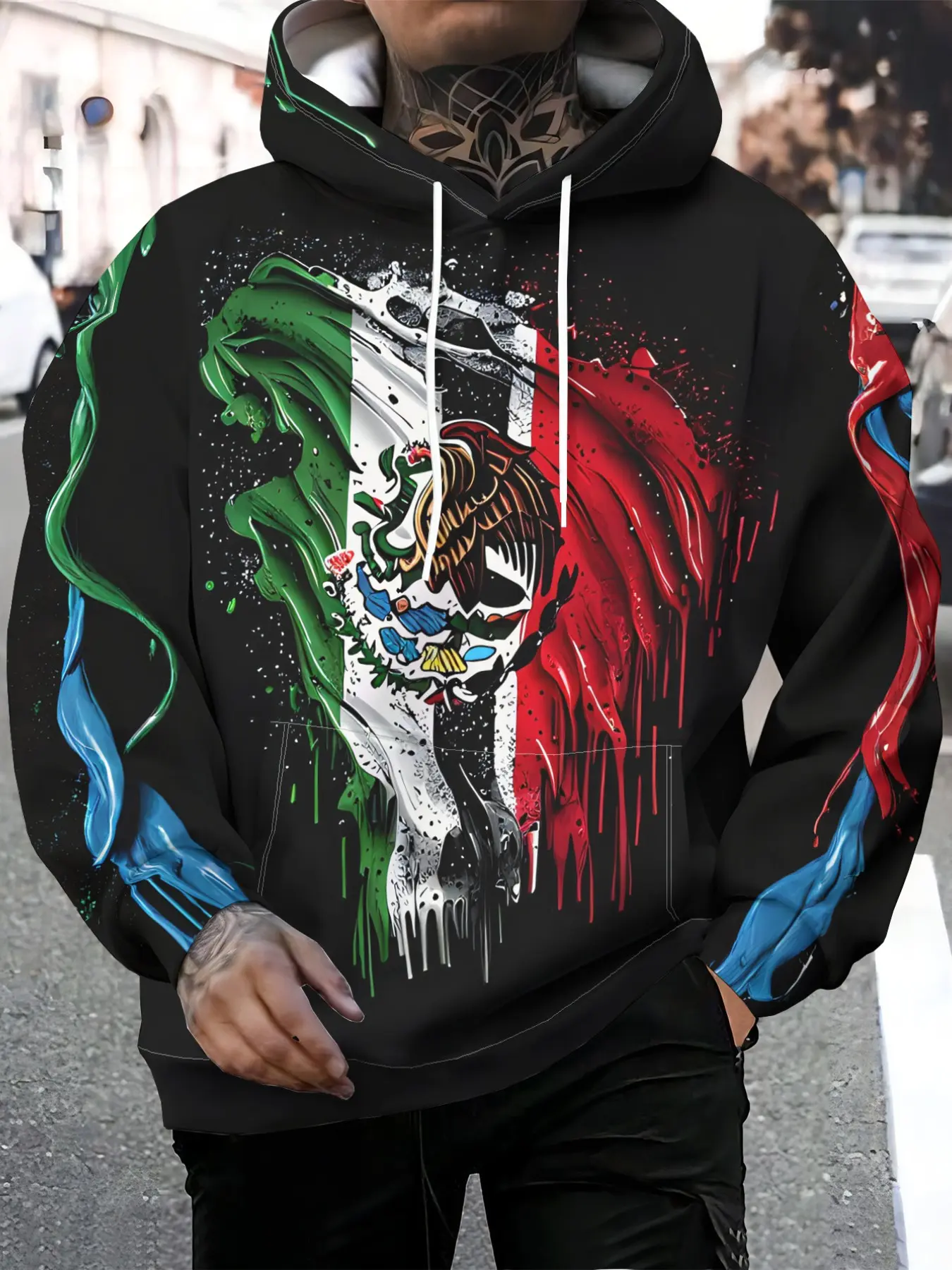 Mexican Flag Eagle Sugar Skull Graffiti Print Sweatshirt, Men's Drawstring Hoodie, Casual Streetwear, Patriotic Daily Wear, All Seasons