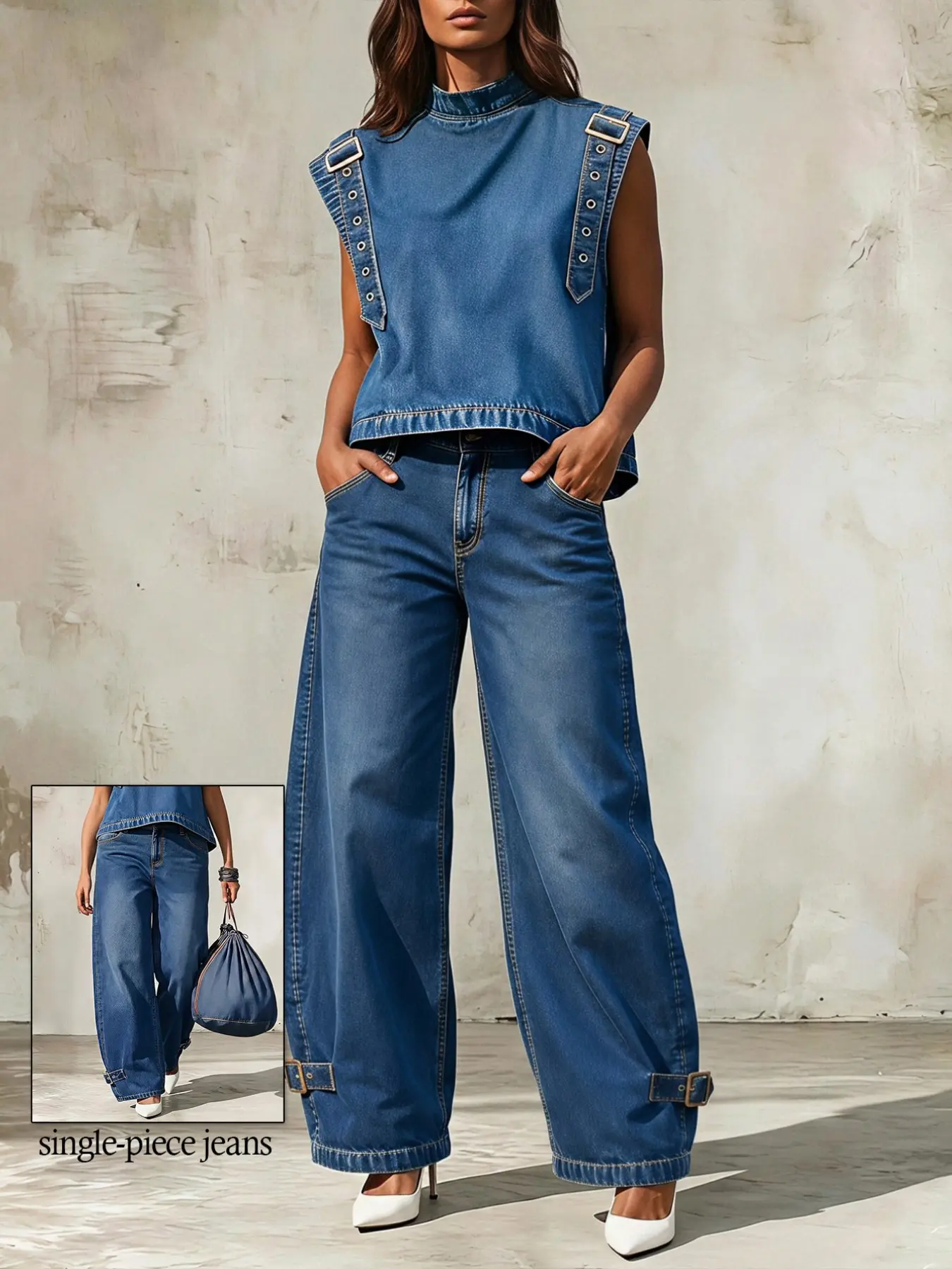Plus Size High Waist Wide Leg Jeans, Loose Fit Street Style Women's Denim Jeans, Button Detail Hem, Comfortable and Trendy, Streetwear