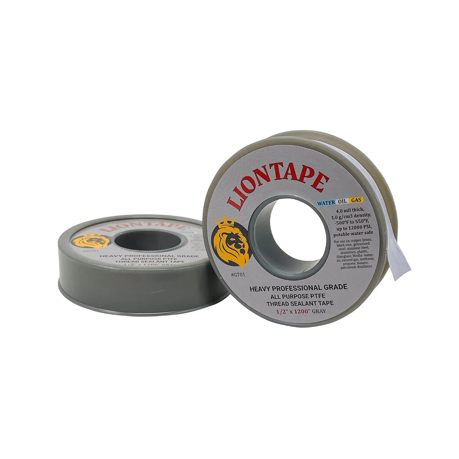 Liontape G701 2-Pack 1/2" x 1200" (100-Ft) Heavy Duty Professional Teflon Tape, for Water/Oil/Gas, 4-Mil, High Density, Up to 12000 psi, Grey