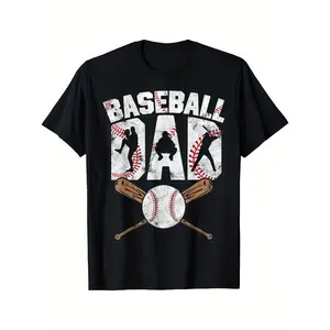 180g[100%cotton][Baseball Dad T-shirt] Baseball Dad Pattern T-shirt - Crew Neck Casual Shirt for Men - Medium Stretch Knit Fabric - Heat Transfer Design - All-Season Comfort - Regular Fit - Perfect Gift for Sports Enthusiasts - 1pc
