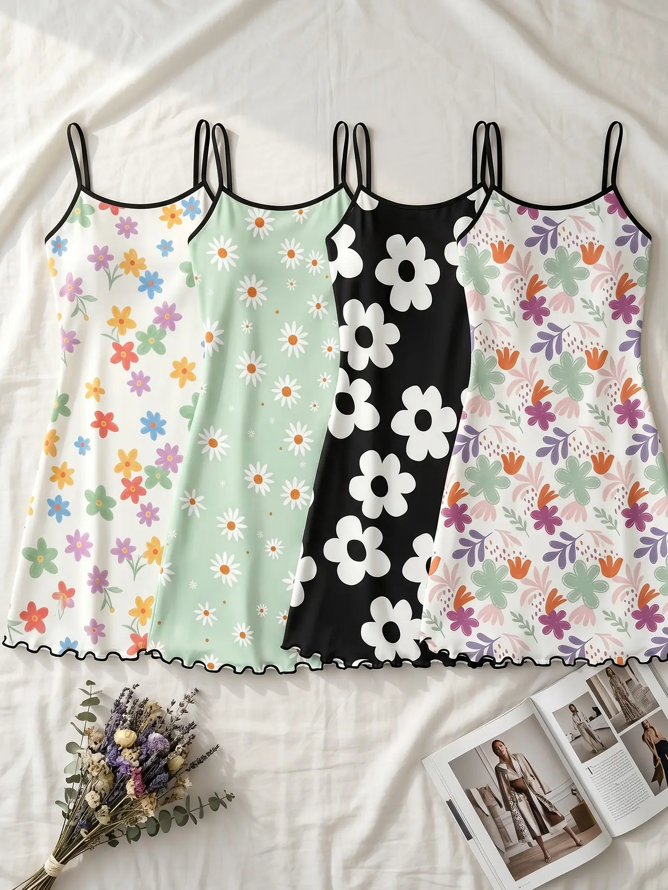 Women's 4 Pack Cami Spaghetti Strap Nightgown Set, All Seasons Wearable, Gentle Multi-Style Blossom Print, Ruffled Hem, Soft Calming Date Vibe, Loose Fit for Quiet Evenings & Home Dates