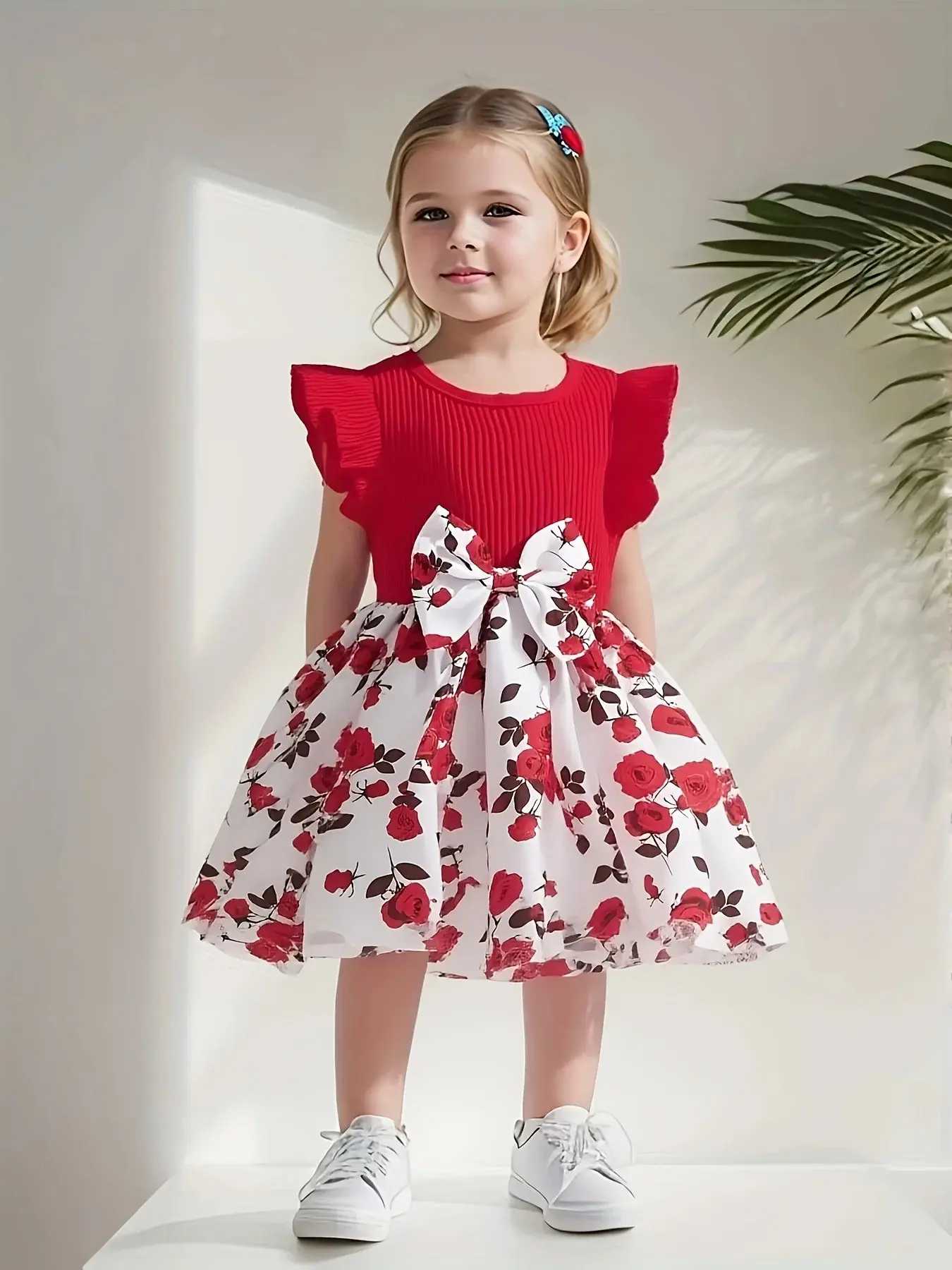 Summer Girls' Patchwork Dress, Sleeveless Top + Rose Print Tutu Skirt, Large Bow Sweet Princess Dress, Kids Fashion