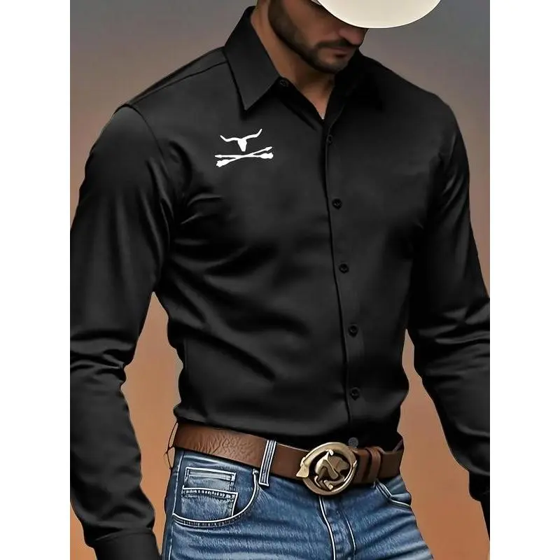 Men's Autumn Casual Long Sleeve Shirt, Comfortable Durable Fabric, Trendy Western Cowboy Print Design, Ideal Gift for Fashion Enthusiasts