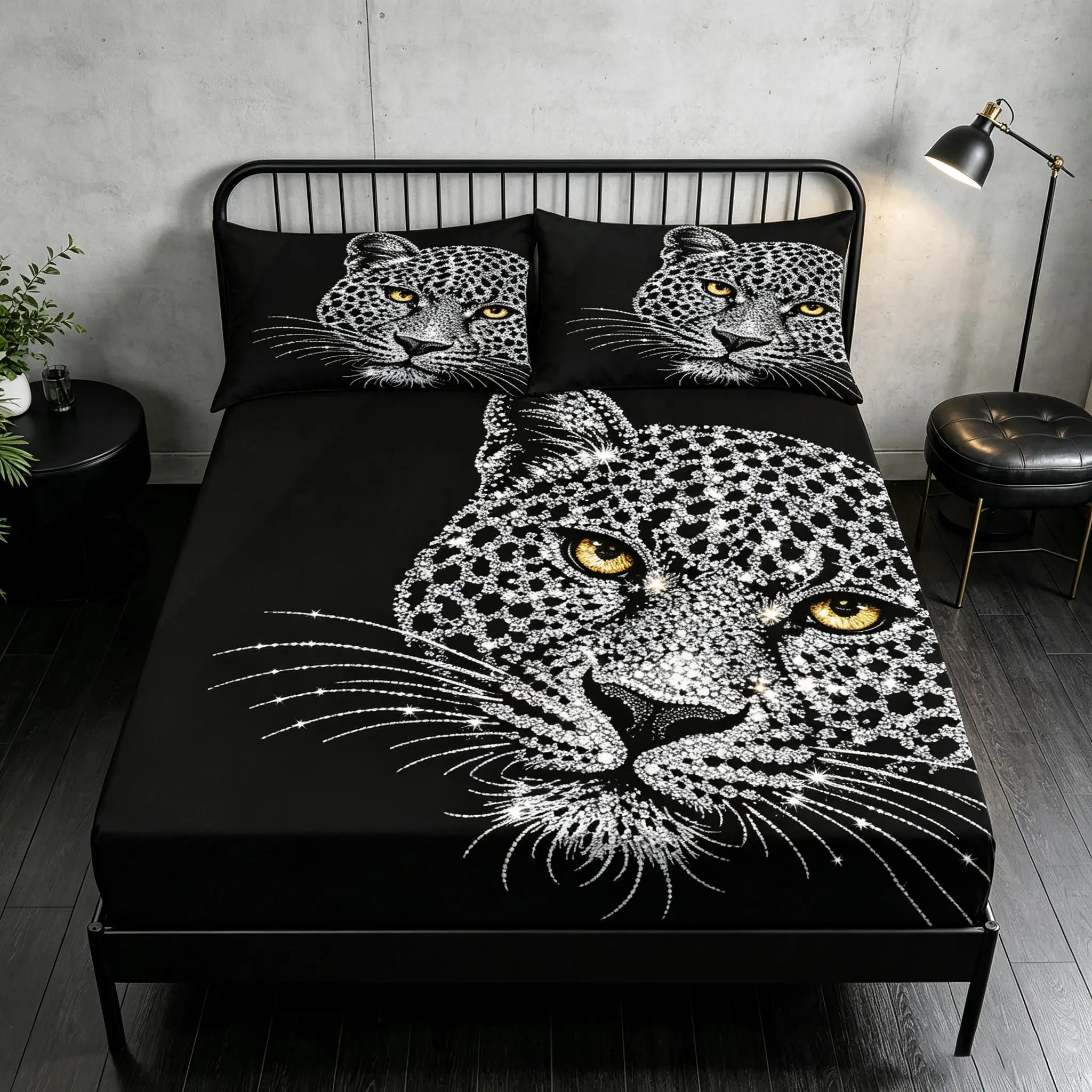 Luxury Leopard Head Bed Sheet Set, Base Silver Color Leopard Print Full Cover Mattress Protector, Non-Slip Design, 1 Bed Sheet and 2 Pillowcases